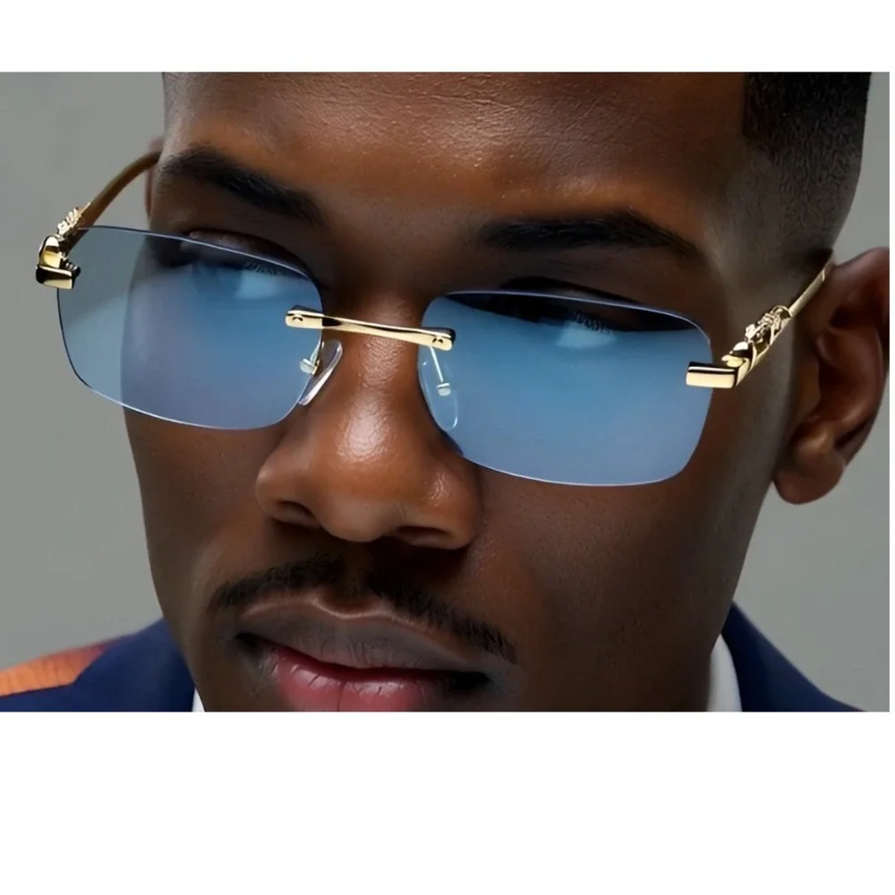 Rimless Sunglasses Gold Leopard Accents Blue Lens Fashion Shades Style Men Gafas